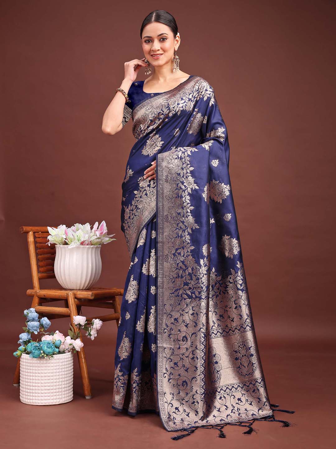 Navy Blue Colour Banarasi Silk Weaving Work Saree With Blouse Piece