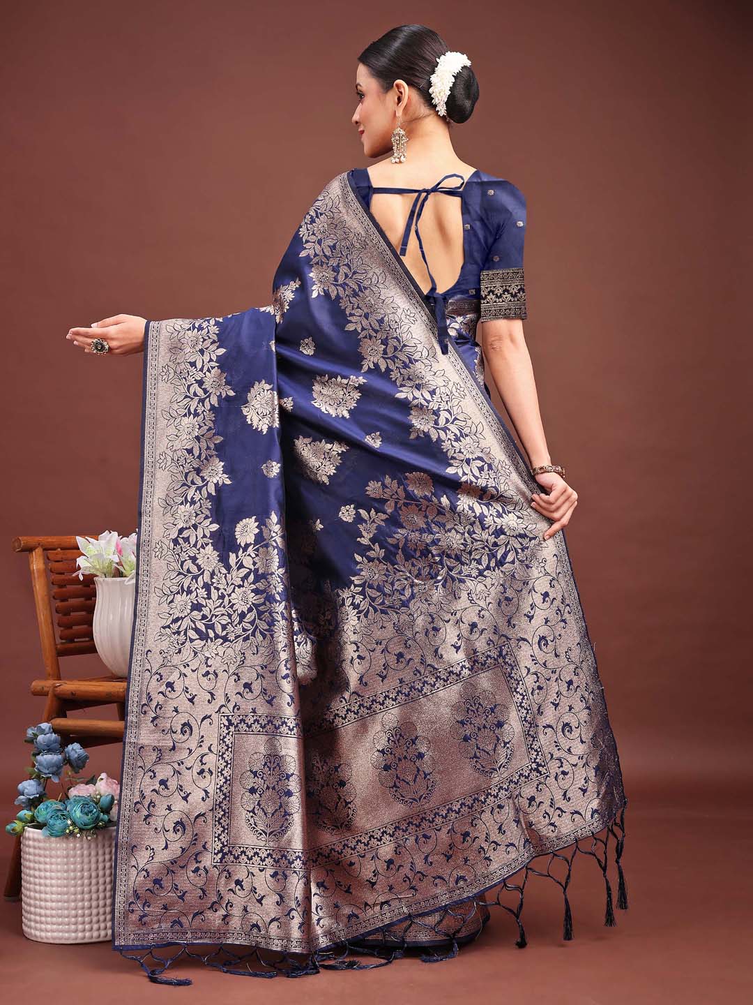 Navy Blue Colour Banarasi Silk Weaving Work Saree With Blouse Piece