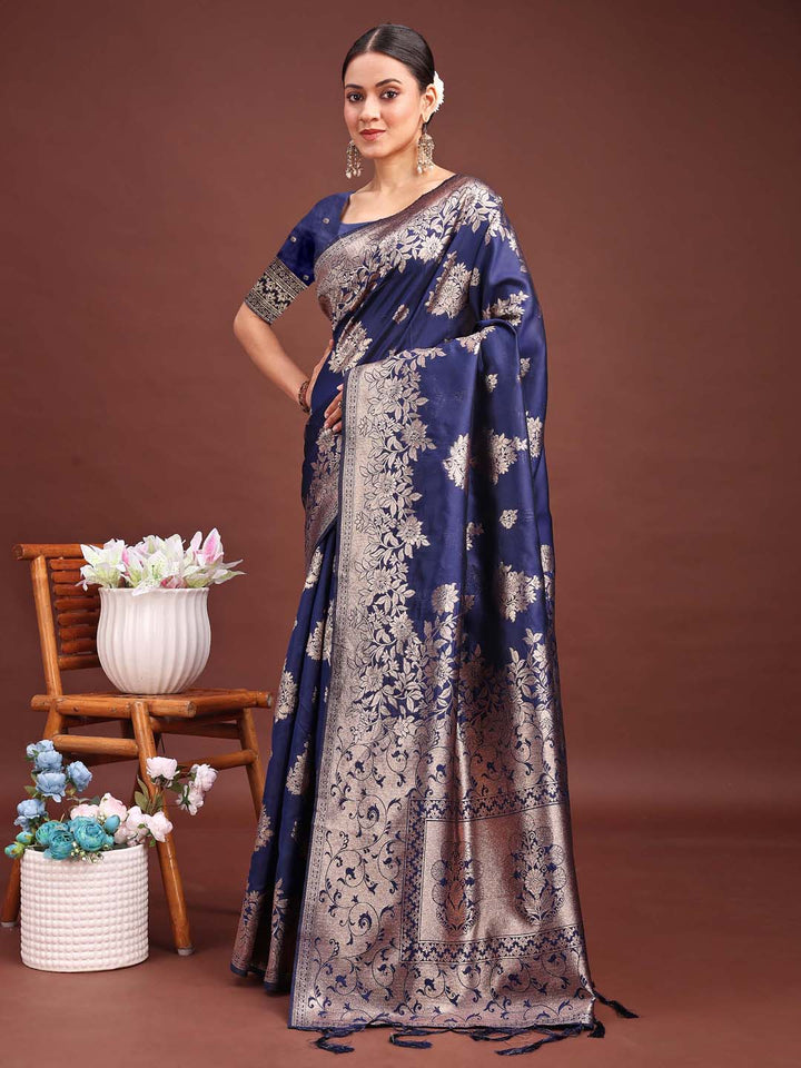 Navy Blue Colour Banarasi Silk Weaving Work Saree With Blouse Piece