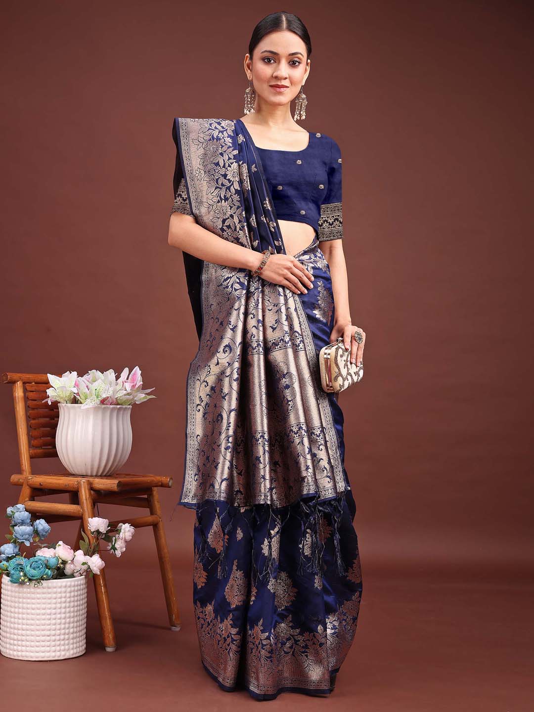 Navy Blue Colour Banarasi Silk Weaving Work Saree With Blouse Piece