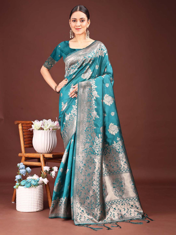 Sea Green Colour Banarasi Silk Weaving Work Saree With Blouse Piece