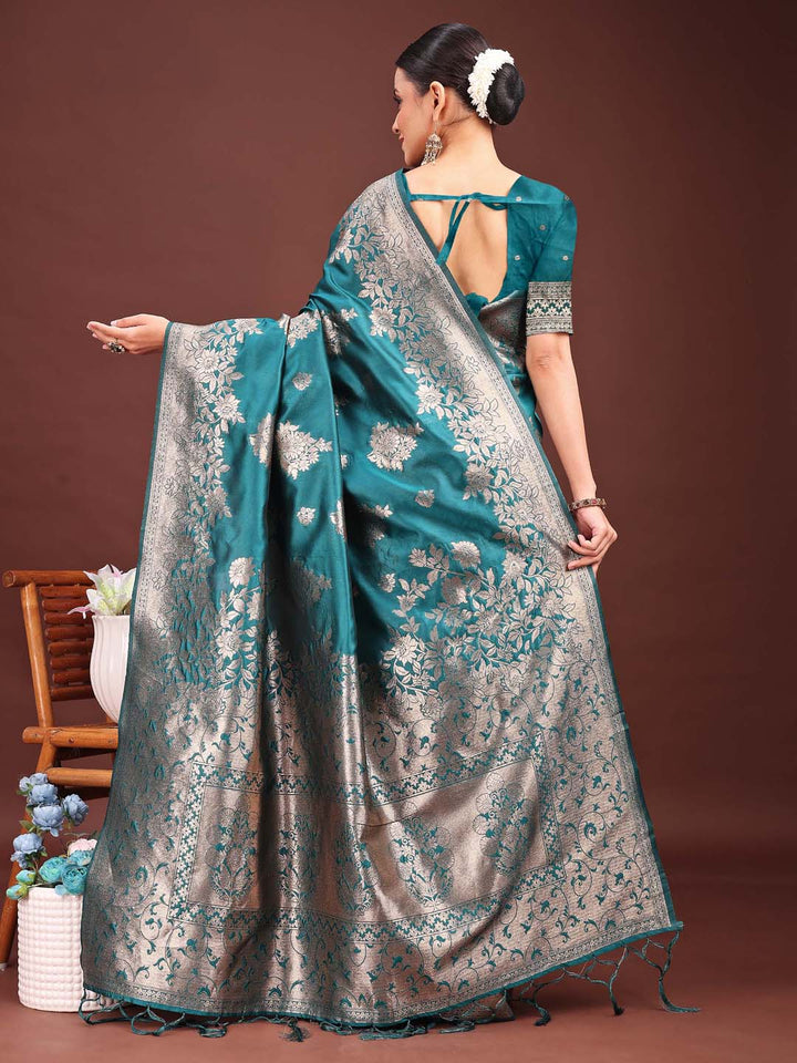 Sea Green Colour Banarasi Silk Weaving Work Saree With Blouse Piece