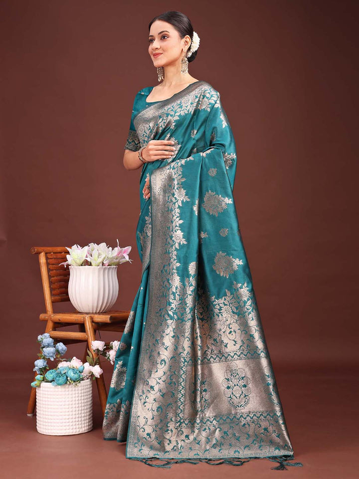 Sea Green Colour Banarasi Silk Weaving Work Saree With Blouse Piece