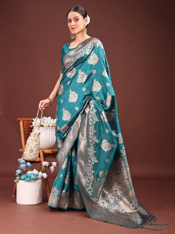 Sea Green Colour Banarasi Silk Weaving Work Saree With Blouse Piece