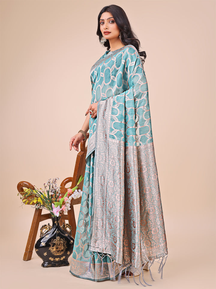 Teal Colour Linen Cotton Saree Printed work With Blouse Piece
