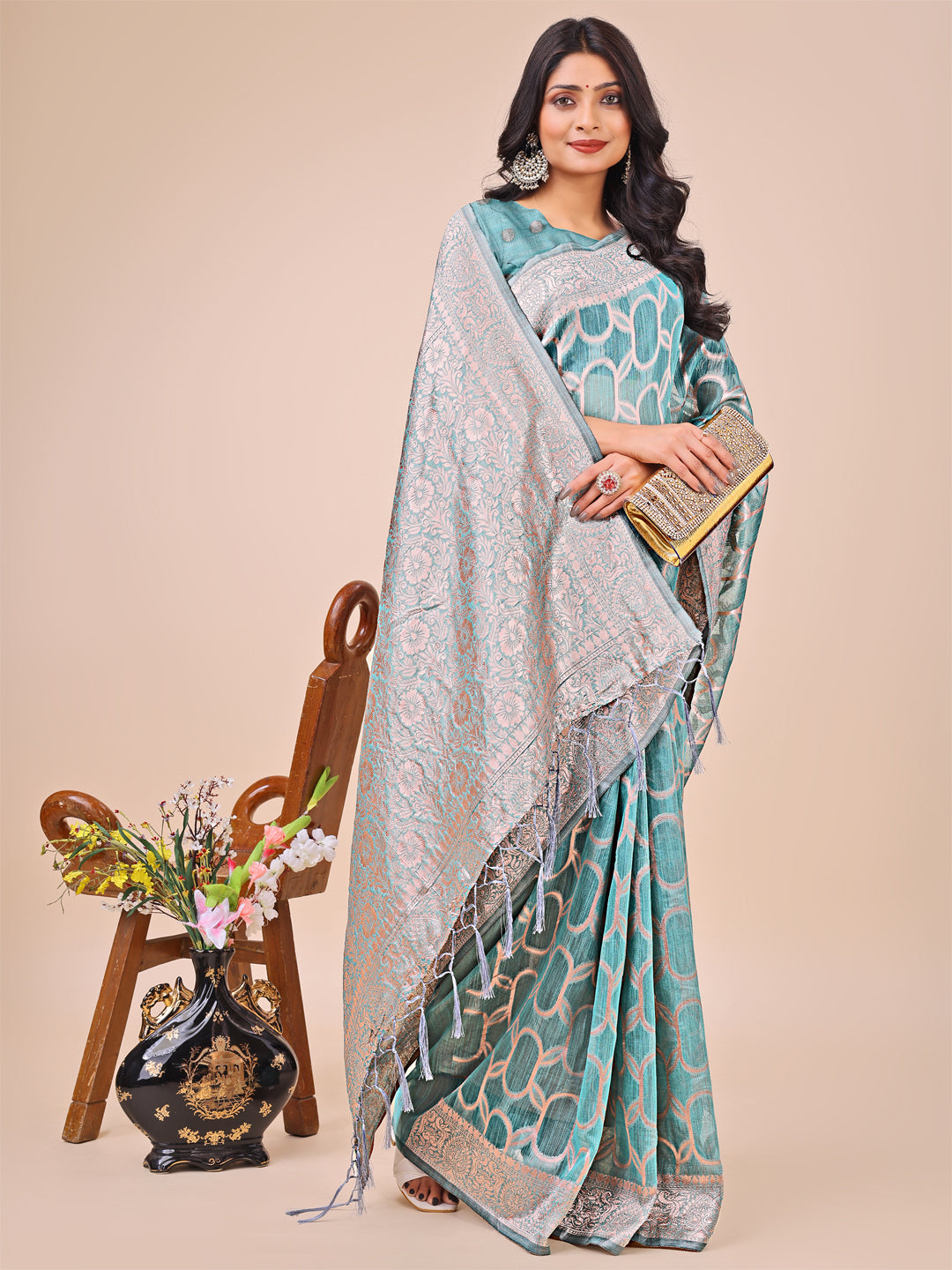 Teal Colour Linen Cotton Saree Printed work With Blouse Piece