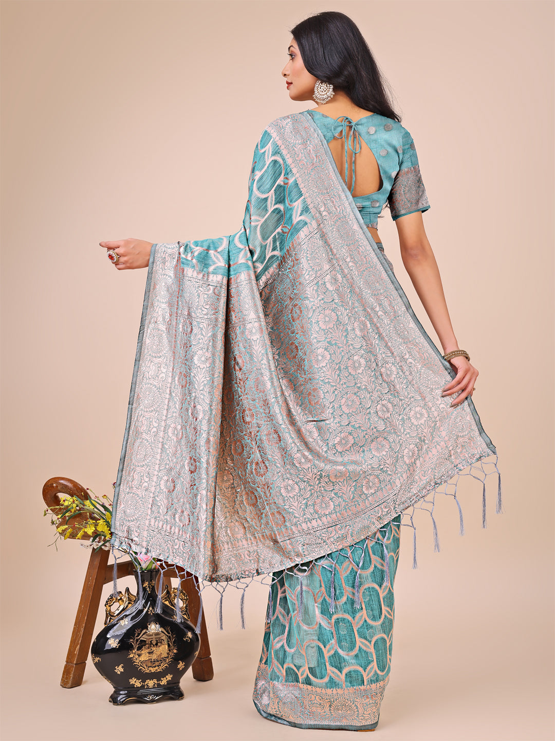 Teal Colour Linen Cotton Saree Printed work With Blouse Piece