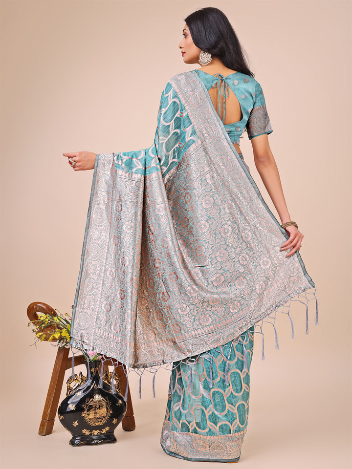 Teal Colour Linen Cotton Saree Printed work With Blouse Piece