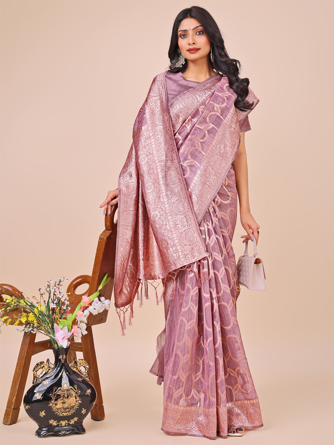 Purple Colour Linen Cotton Saree Printed work With Blouse Piece