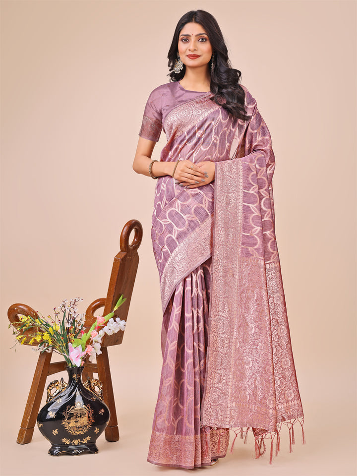 Purple Colour Linen Cotton Saree Printed work With Blouse Piece