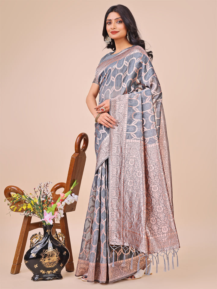 Gray Colour Linen Cotton Saree Printed work With Blouse Piece