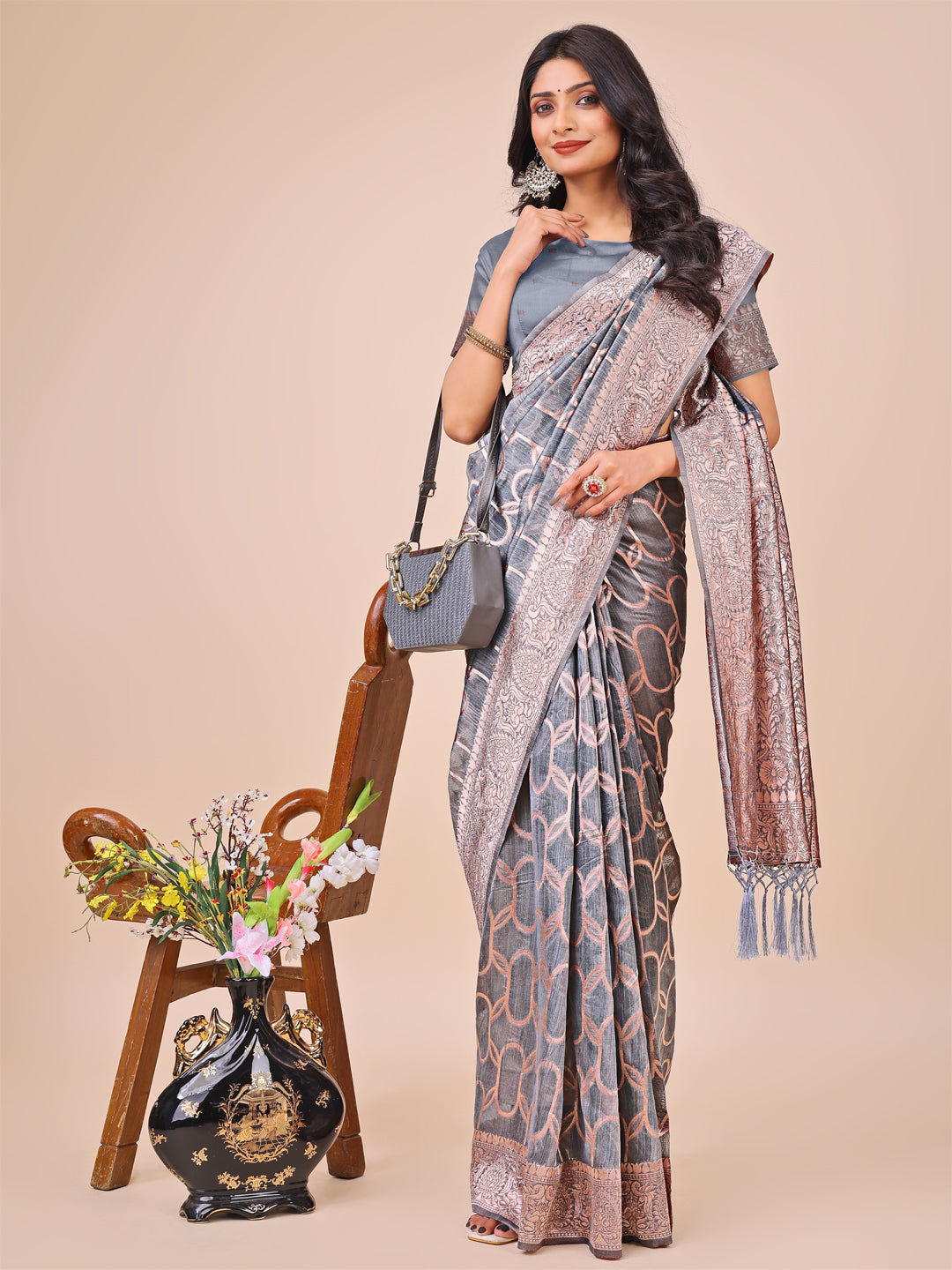 Gray Colour Linen Cotton Saree Printed work With Blouse Piece