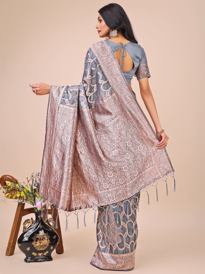 Gray Colour Linen Cotton Saree Printed work With Blouse Piece