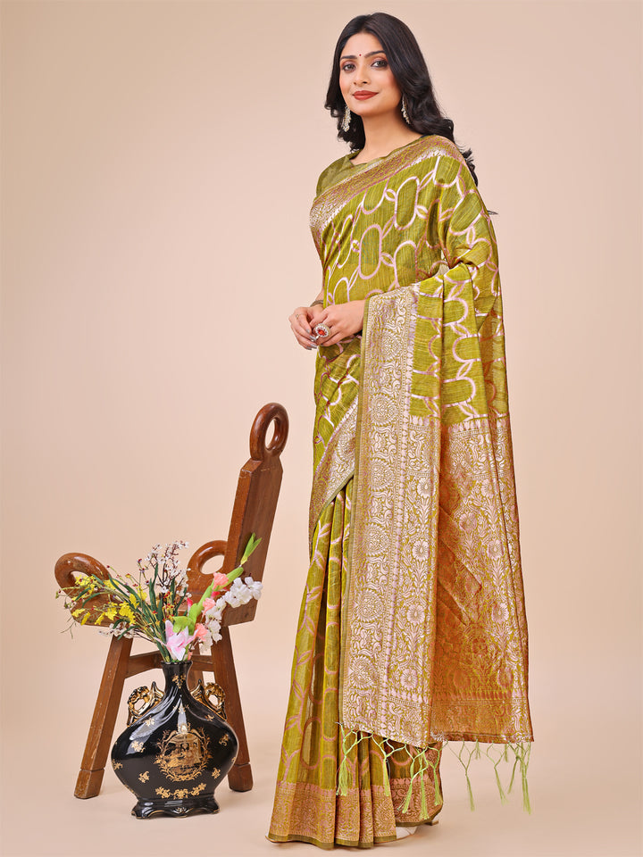 Olive Green Colour Linen Cotton Saree Printed work With Blouse Piece
