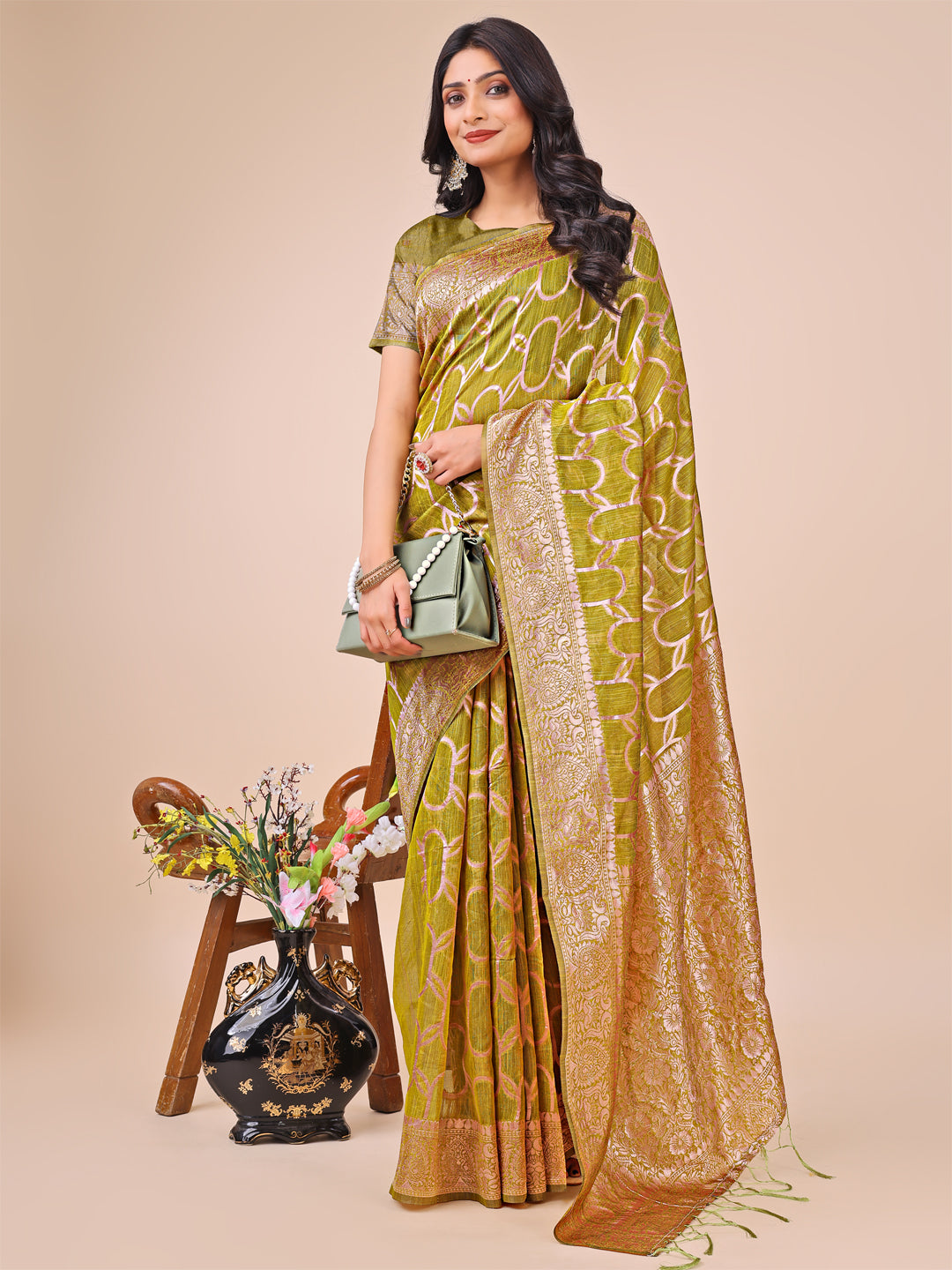 Olive Green Colour Linen Cotton Saree Printed work With Blouse Piece