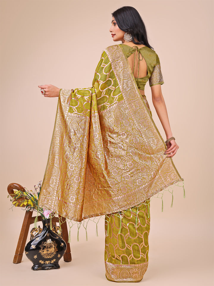 Olive Green Colour Linen Cotton Saree Printed work With Blouse Piece