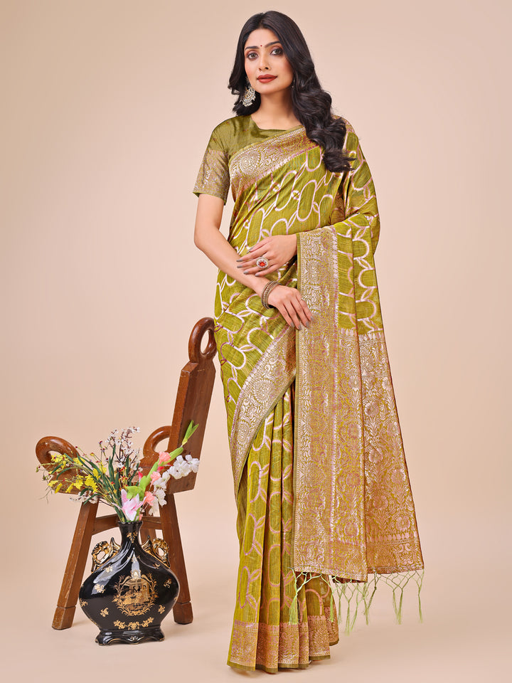 Olive Green Colour Linen Cotton Saree Printed work With Blouse Piece