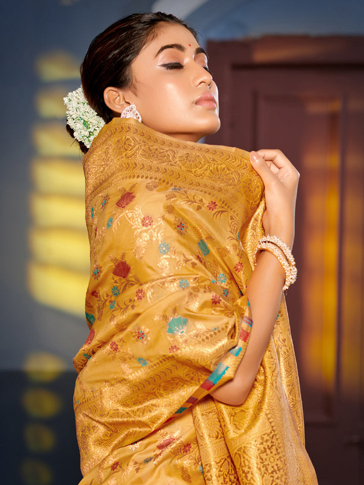 Yellow Colour Banarasi silk Weaving Work Saree With Blouse Piece