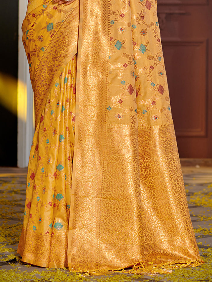 Yellow Colour Banarasi silk Weaving Work Saree With Blouse Piece