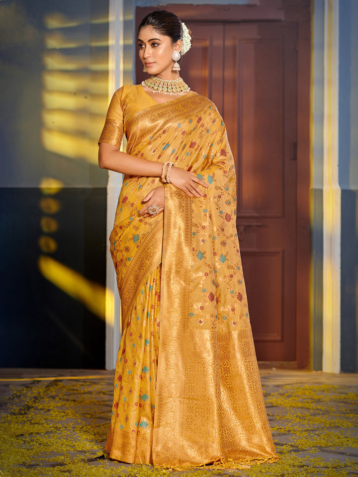 Yellow Colour Banarasi silk Weaving Work Saree With Blouse Piece