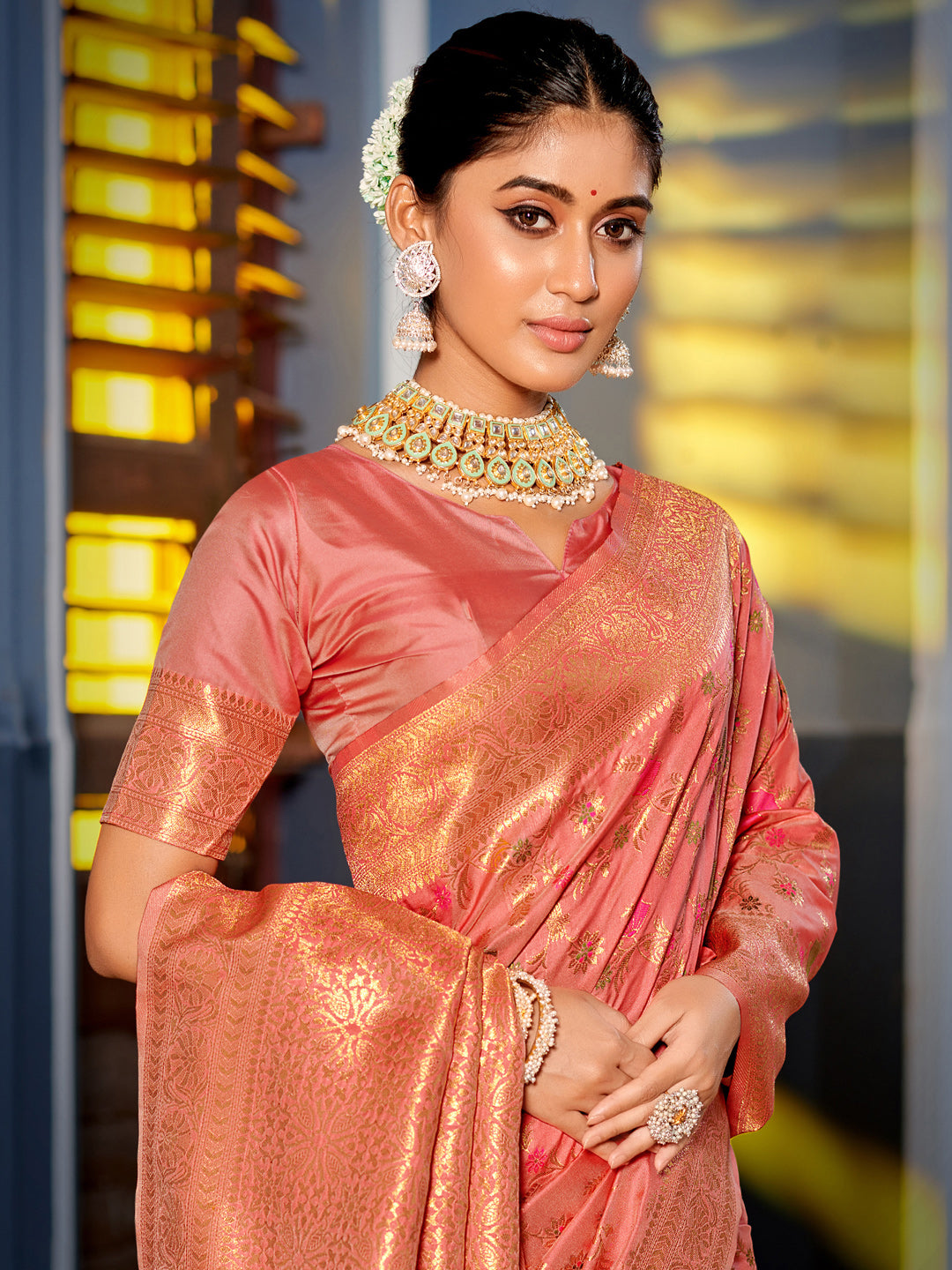 Peach Colour Banarasi silk Weaving Work Saree With Blouse Piece