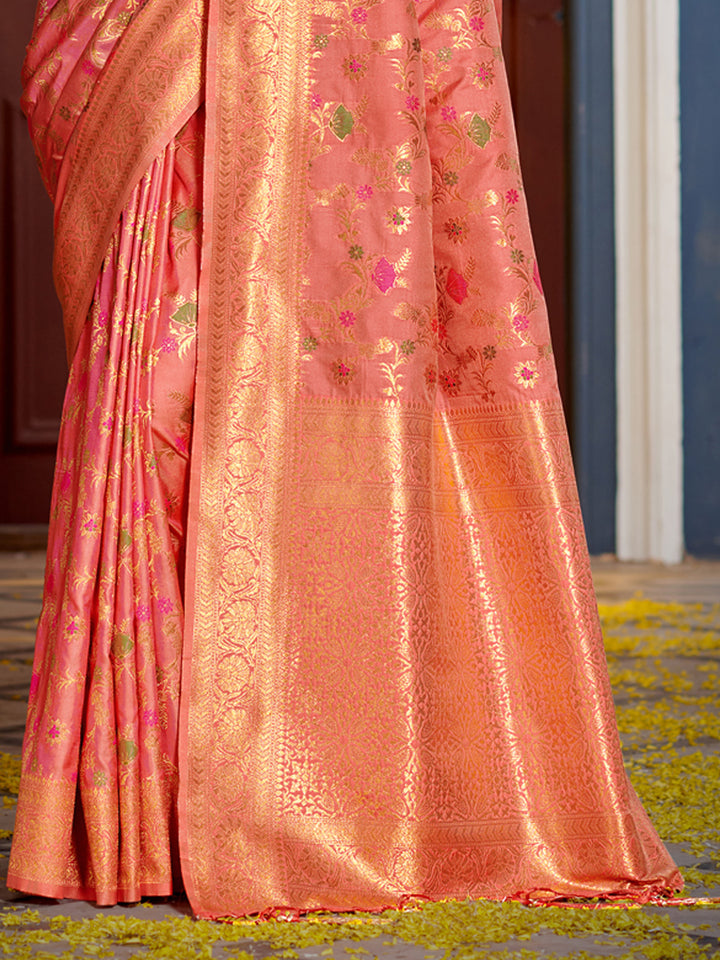 Peach Colour Banarasi silk Weaving Work Saree With Blouse Piece