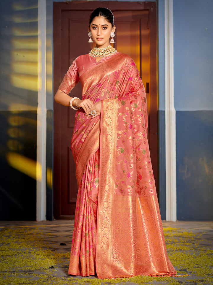 Peach Colour Banarasi silk Weaving Work Saree With Blouse Piece