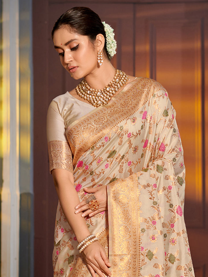 White Colour Banarasi silk Weaving Work Saree With Blouse Piece