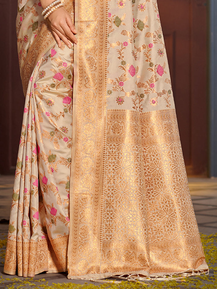White Colour Banarasi silk Weaving Work Saree With Blouse Piece