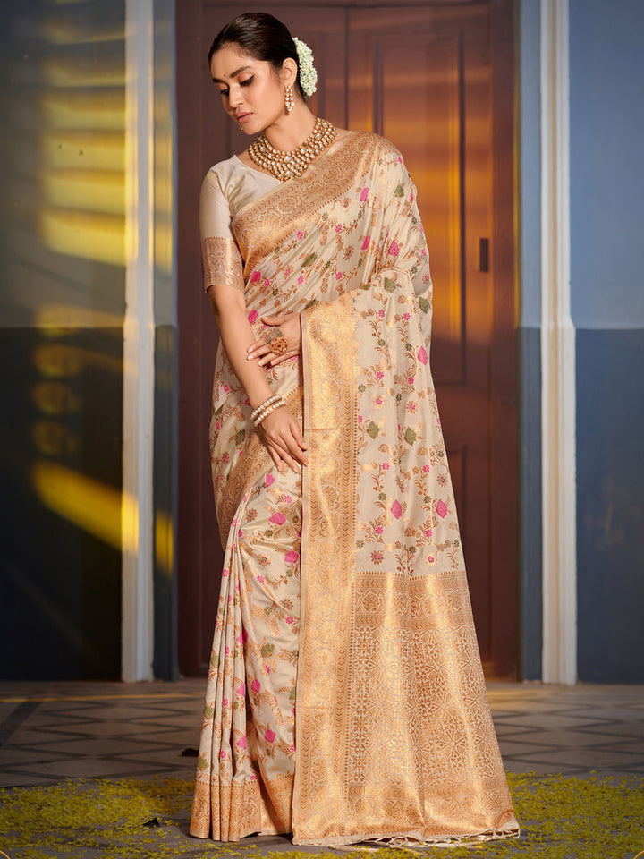 White Colour Banarasi silk Weaving Work Saree With Blouse Piece