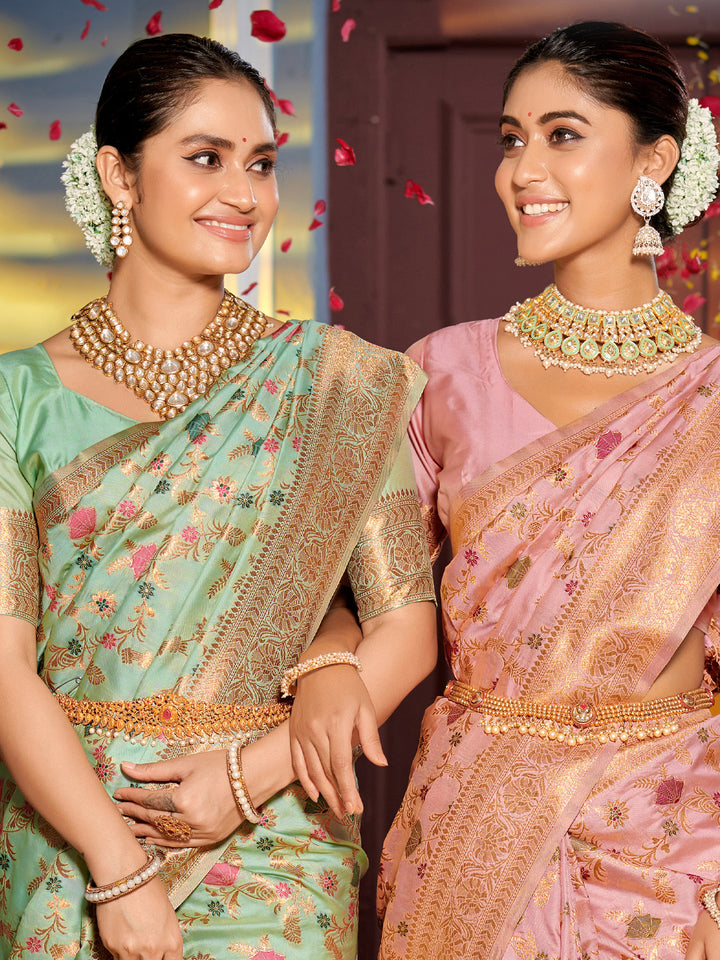 Sea Green Colour Banarasi silk Weaving Work Saree With Blouse Piece