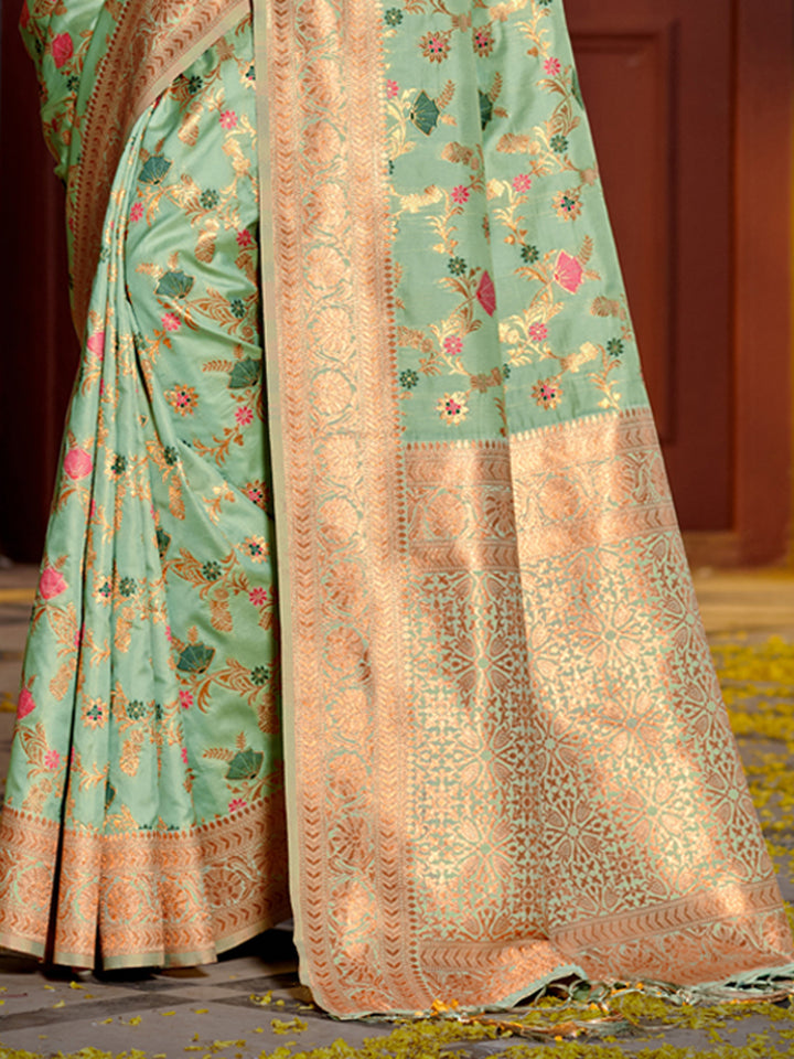 Sea Green Colour Banarasi silk Weaving Work Saree With Blouse Piece