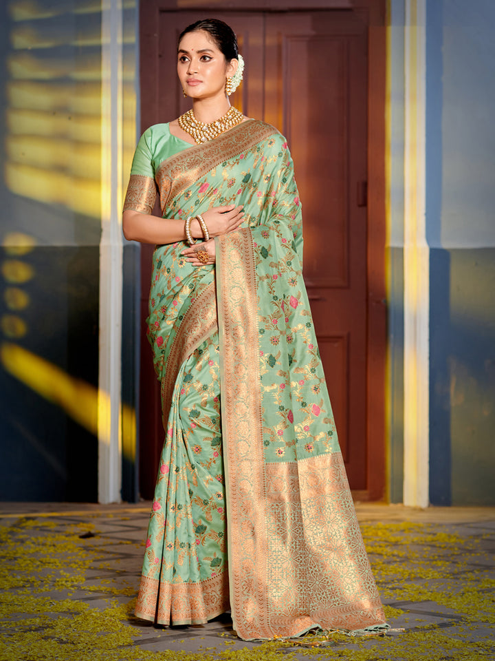 Sea Green Colour Banarasi silk Weaving Work Saree With Blouse Piece