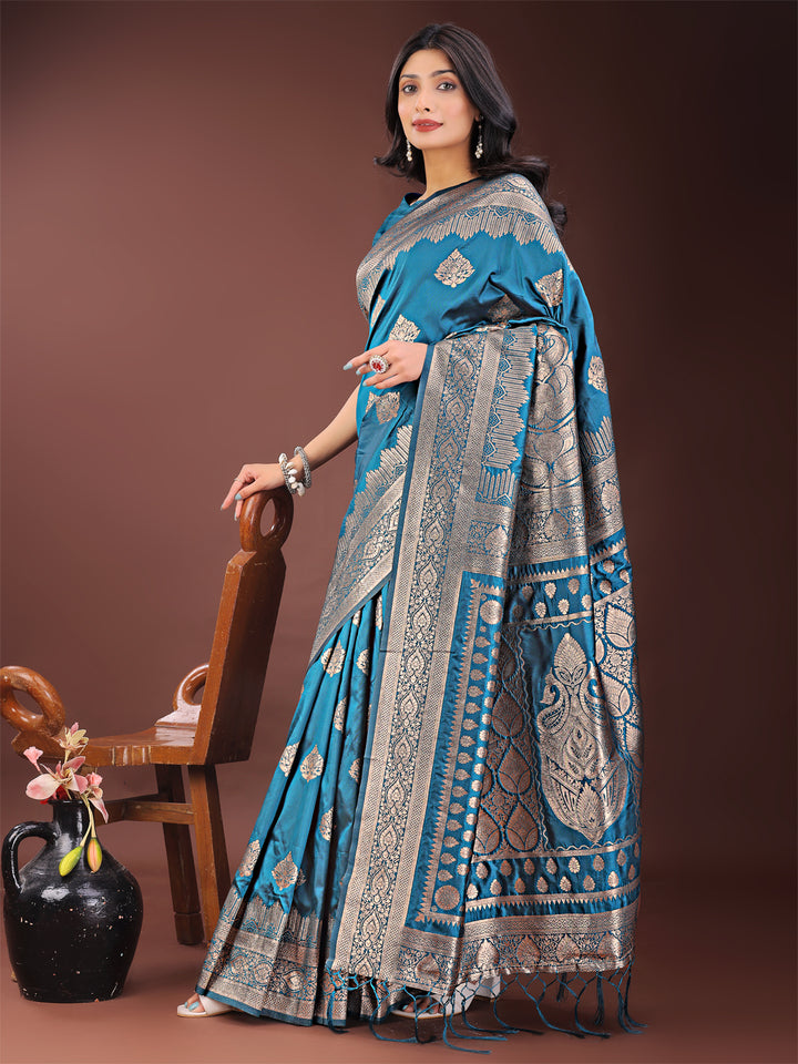 Teal Colour Silk Saree Weaving Work With Blouse Piece