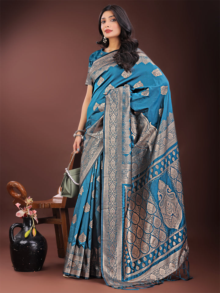 Teal Colour Silk Saree Weaving Work With Blouse Piece