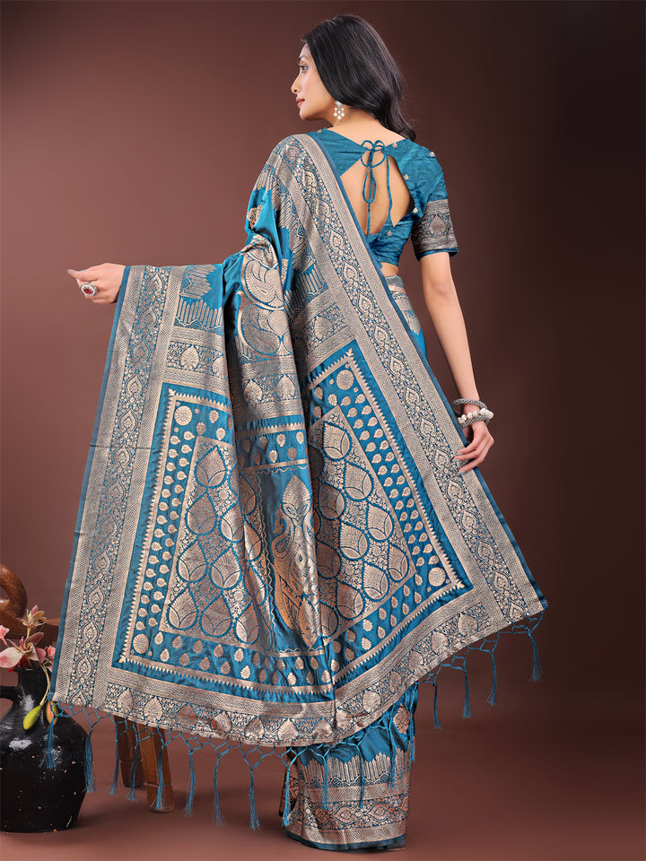 Teal Colour Silk Saree Weaving Work With Blouse Piece