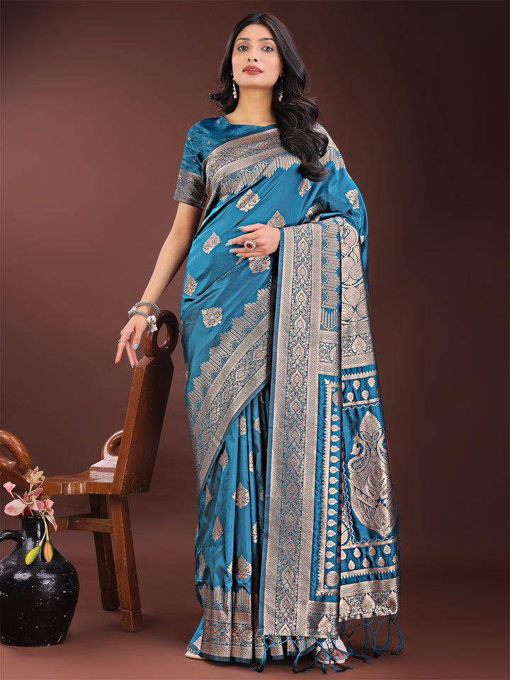 Teal Colour Silk Saree Weaving Work With Blouse Piece