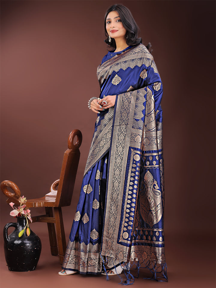 Navy Blue Colour Silk Saree Weaving Work With Blouse Piece