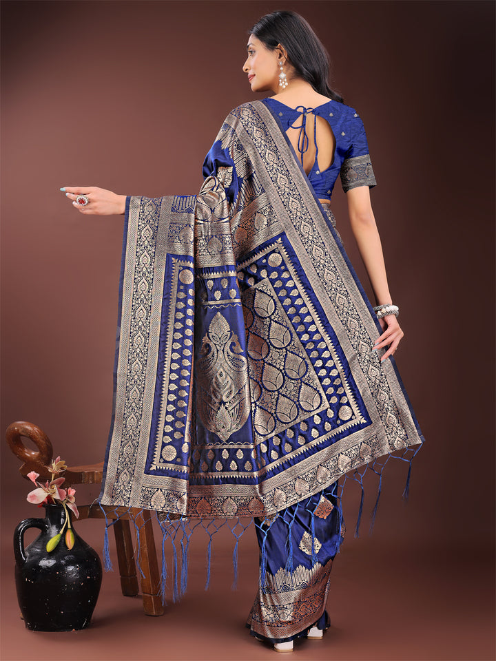 Navy Blue Colour Silk Saree Weaving Work With Blouse Piece