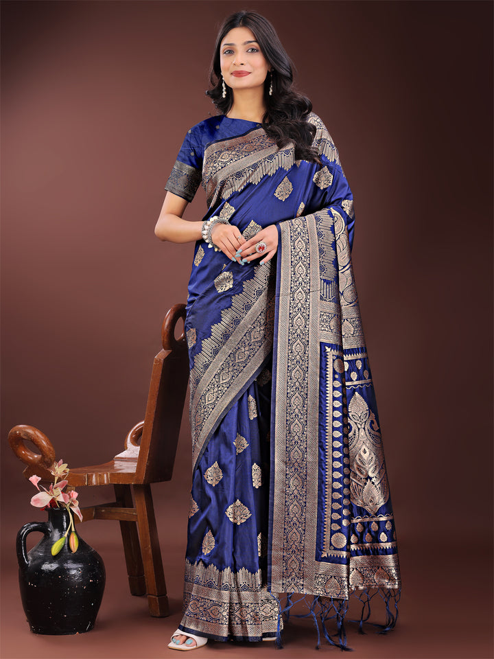 Navy Blue Colour Silk Saree Weaving Work With Blouse Piece