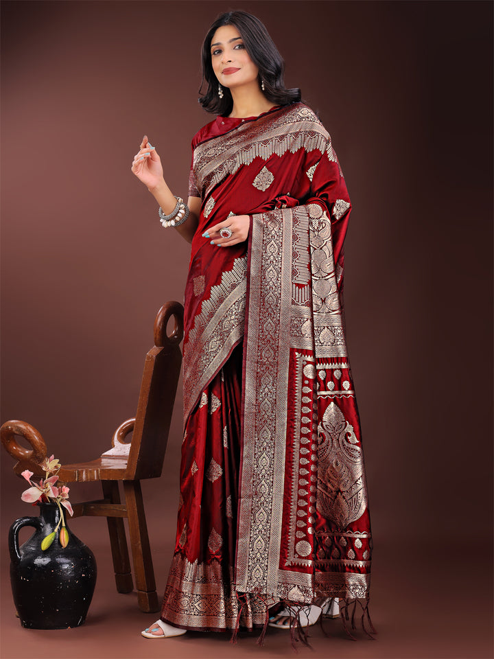 Maroon Colour Silk Saree Weaving Work With Blouse Piece