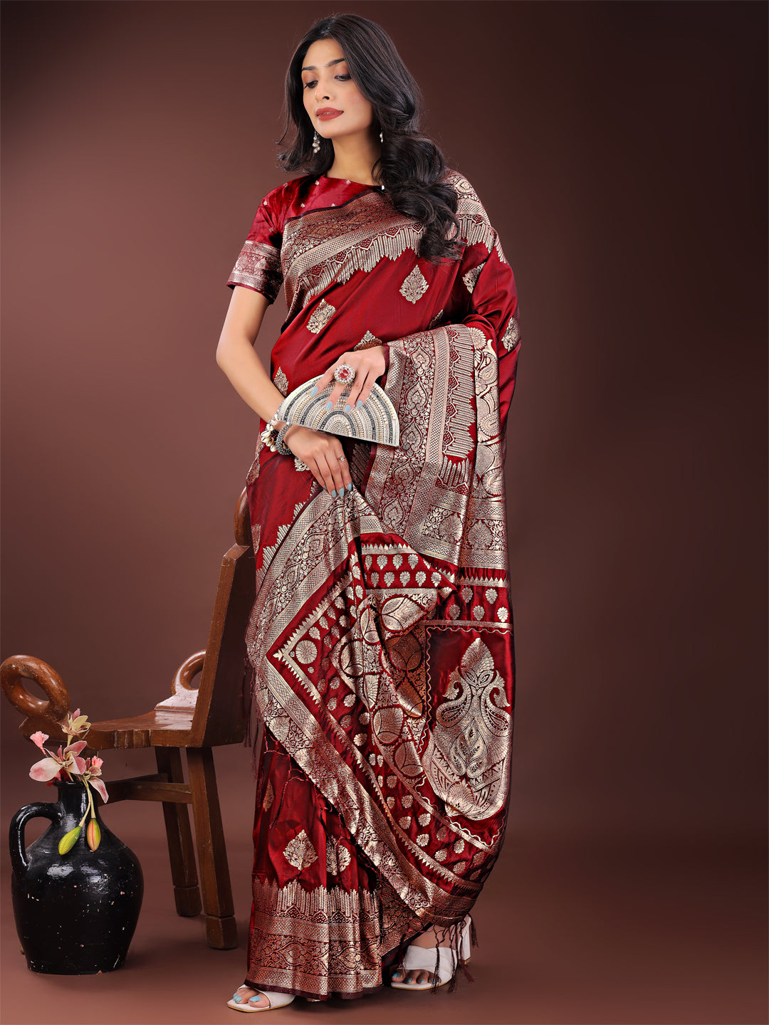 Maroon Colour Silk Saree Weaving Work With Blouse Piece