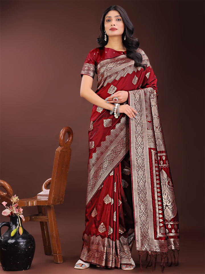 Maroon Colour Silk Saree Weaving Work With Blouse Piece