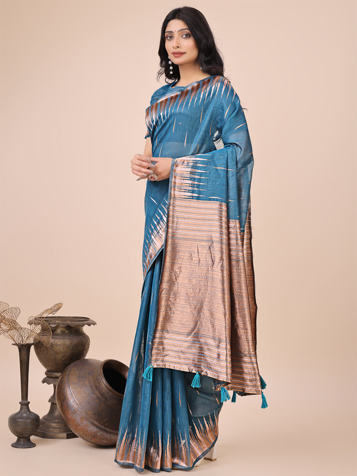 Blue Colour Linen Cotton Saree Printed work With Blouse Piece