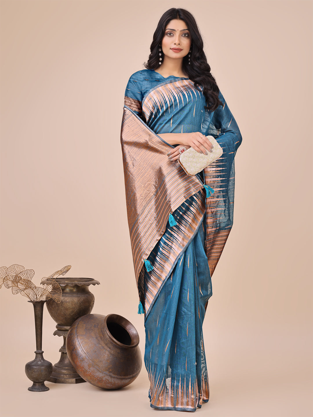 Blue Colour Linen Cotton Saree Printed work With Blouse Piece