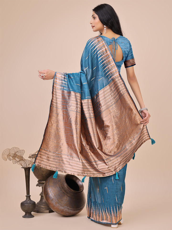Blue Colour Linen Cotton Saree Printed work With Blouse Piece