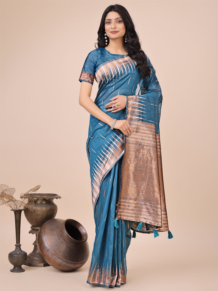 Blue Colour Linen Cotton Saree Printed work With Blouse Piece