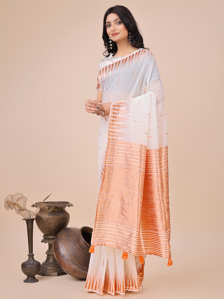 White Colour Linen Cotton Saree Printed work With Blouse Piece