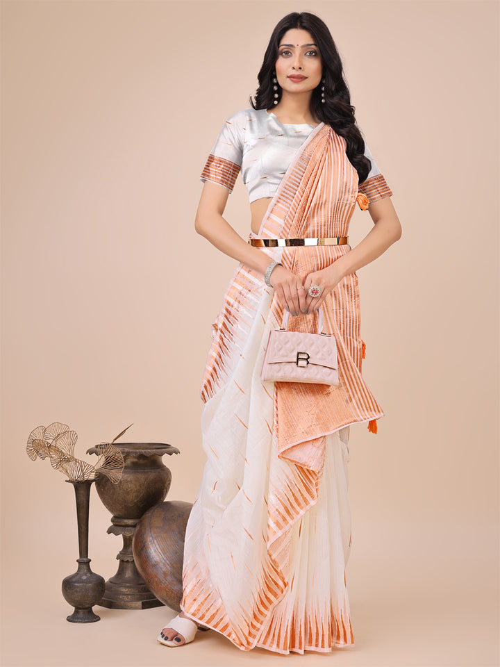 White Colour Linen Cotton Saree Printed work With Blouse Piece
