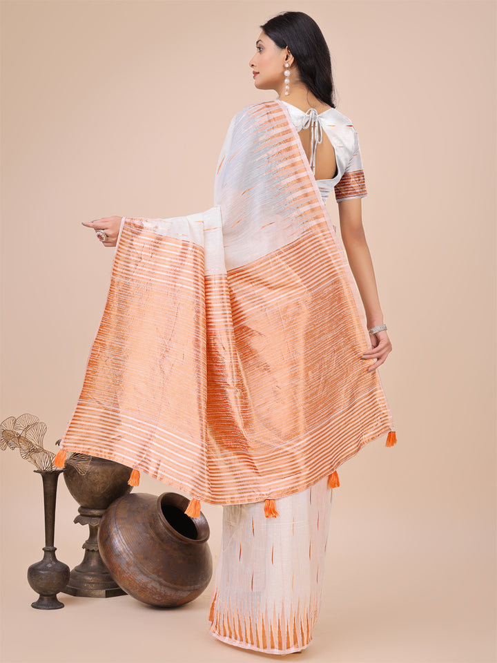 White Colour Linen Cotton Saree Printed work With Blouse Piece